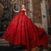 Red Quinceanera Dresses Off Shoulder Beads Crystal Lace Gowns