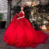Red Quinceanera Dresses Glitter Ball Gown Lace Applique Beaded